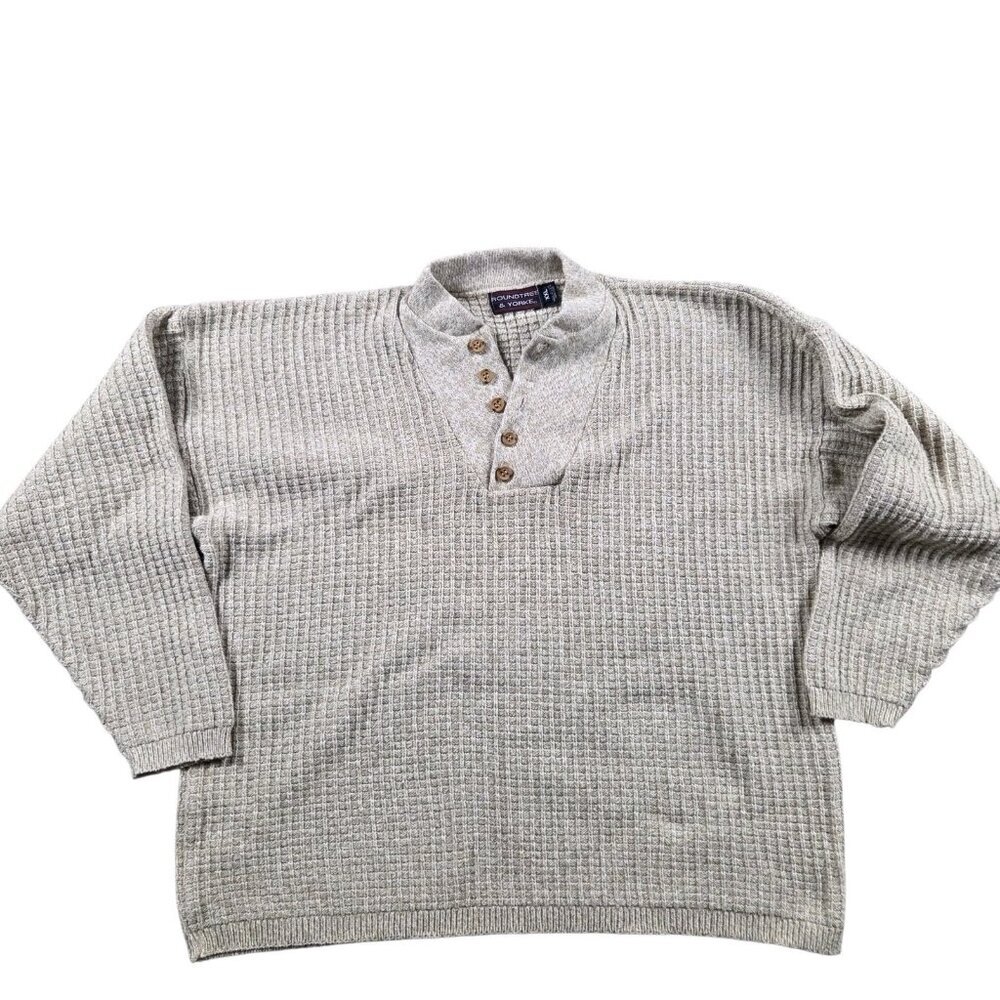Vintage Roundtree & Yorke Sweater Mens 2XL Beige Cotton Knit Long Sleeve Henley